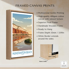 Hunstanton Beach Norfolk Poster | British Seaside Landscape Canvas Print displayed in a wooden frame with white border.