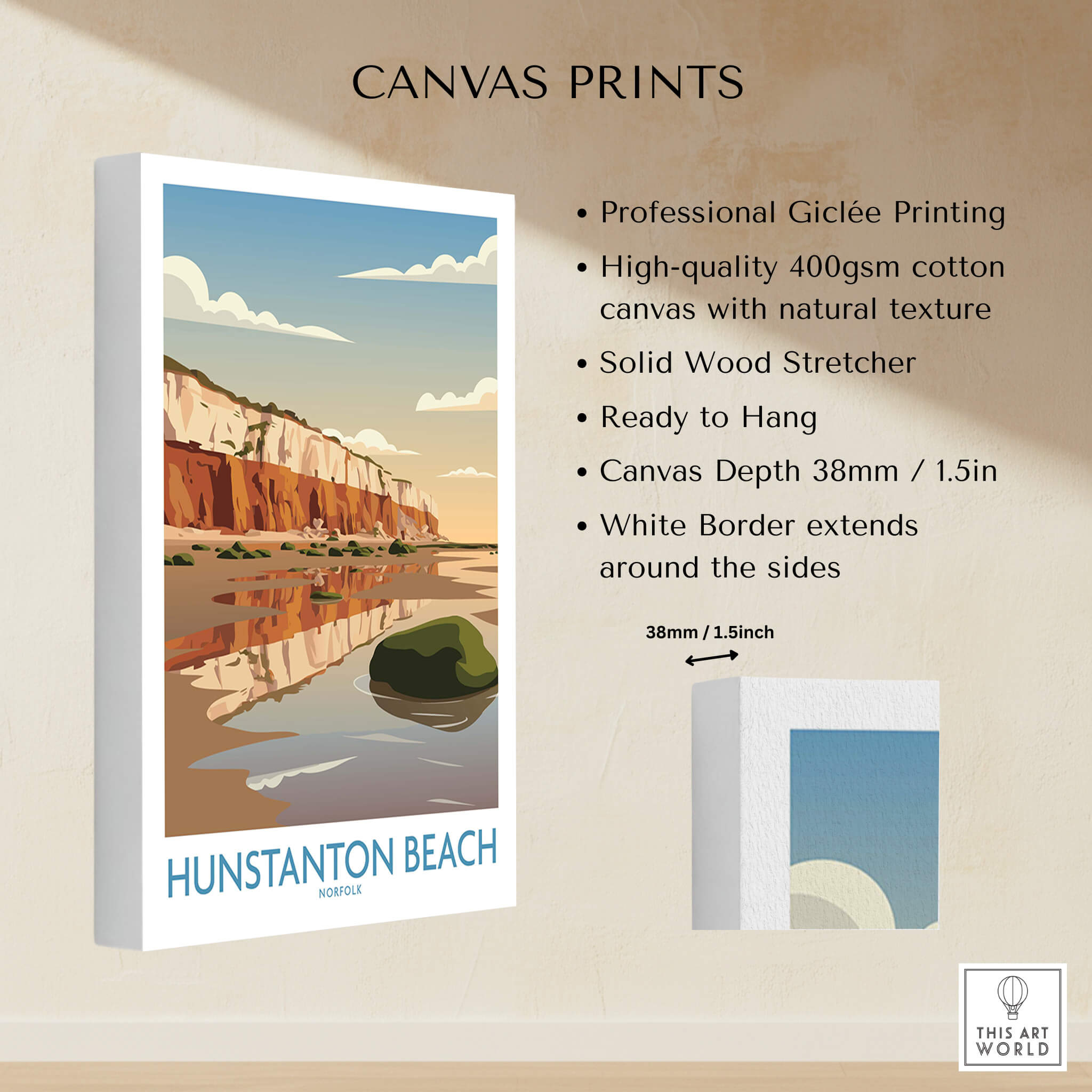 Hunstanton Beach Norfolk Poster | British Seaside Landscape Canvas Print displayed with professional Giclée printing details.