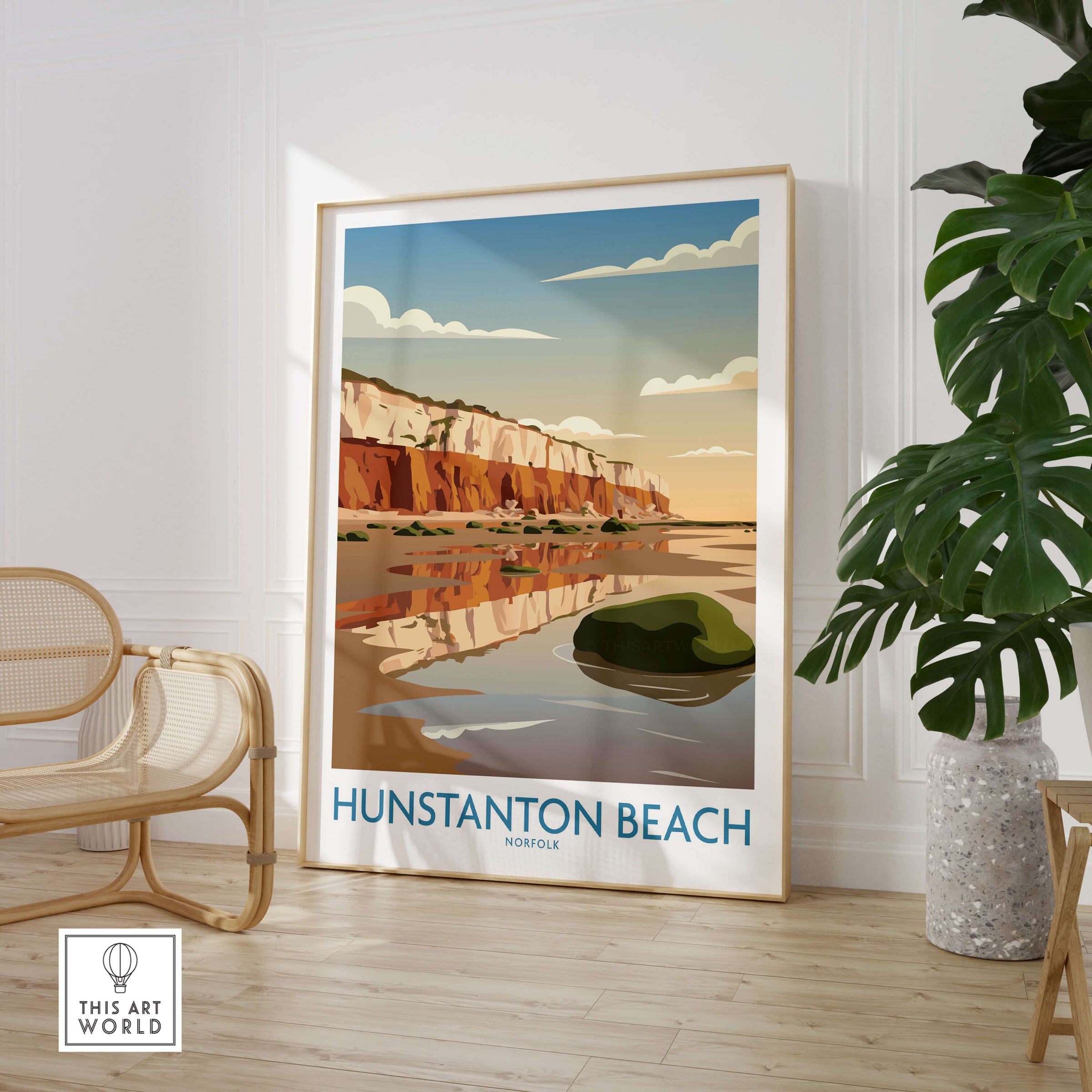Hunstanton Beach Norfolk Poster | British Seaside Landscape Canvas Print featuring striped cliffs and reflection.