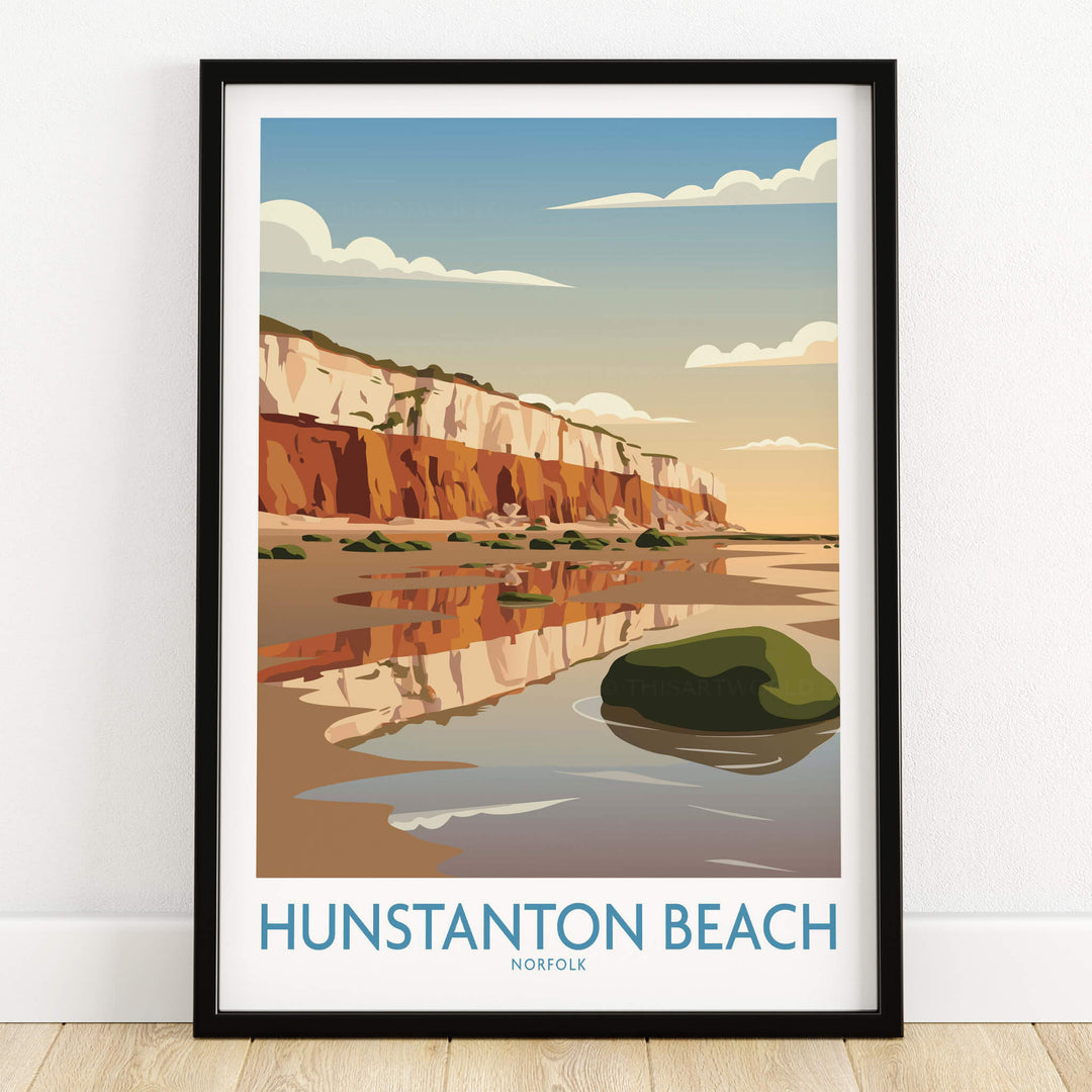 Hunstanton Beach Norfolk Poster | British Seaside Landscape Canvas Print showcasing striped cliffs and reflections.
