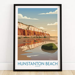 Hunstanton Beach Norfolk Poster | British Seaside Landscape Canvas Print showcasing striped cliffs and reflections.