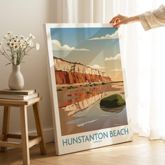 Hunstanton Beach Norfolk Poster | British Seaside Landscape Canvas Print leaning against a wall, showcasing coastal artwork.