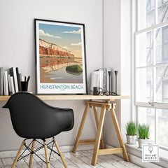 Hunstanton Beach Norfolk Poster | British Seaside Landscape Canvas Print displayed in a stylish interior setting.