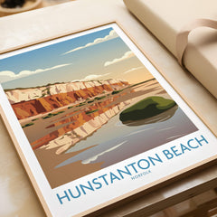 Hunstanton Beach Norfolk Poster | British Seaside Landscape Canvas Print showcasing the iconic striped cliffs and reflections.