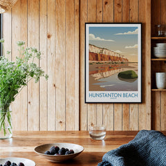 Hunstanton Beach Norfolk Poster | British Seaside Landscape Canvas Print displayed in a home setting with wooden decor.