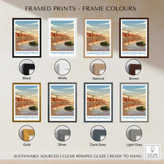 Framed prints of Hunstanton Beach Norfolk Poster | British Seaside Landscape Canvas Print in various frame colors.