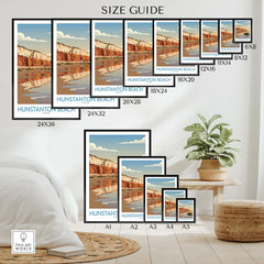 Hunstanton Beach Norfolk Poster | British Seaside Landscape Canvas Print Size Guide featuring various frame dimensions.