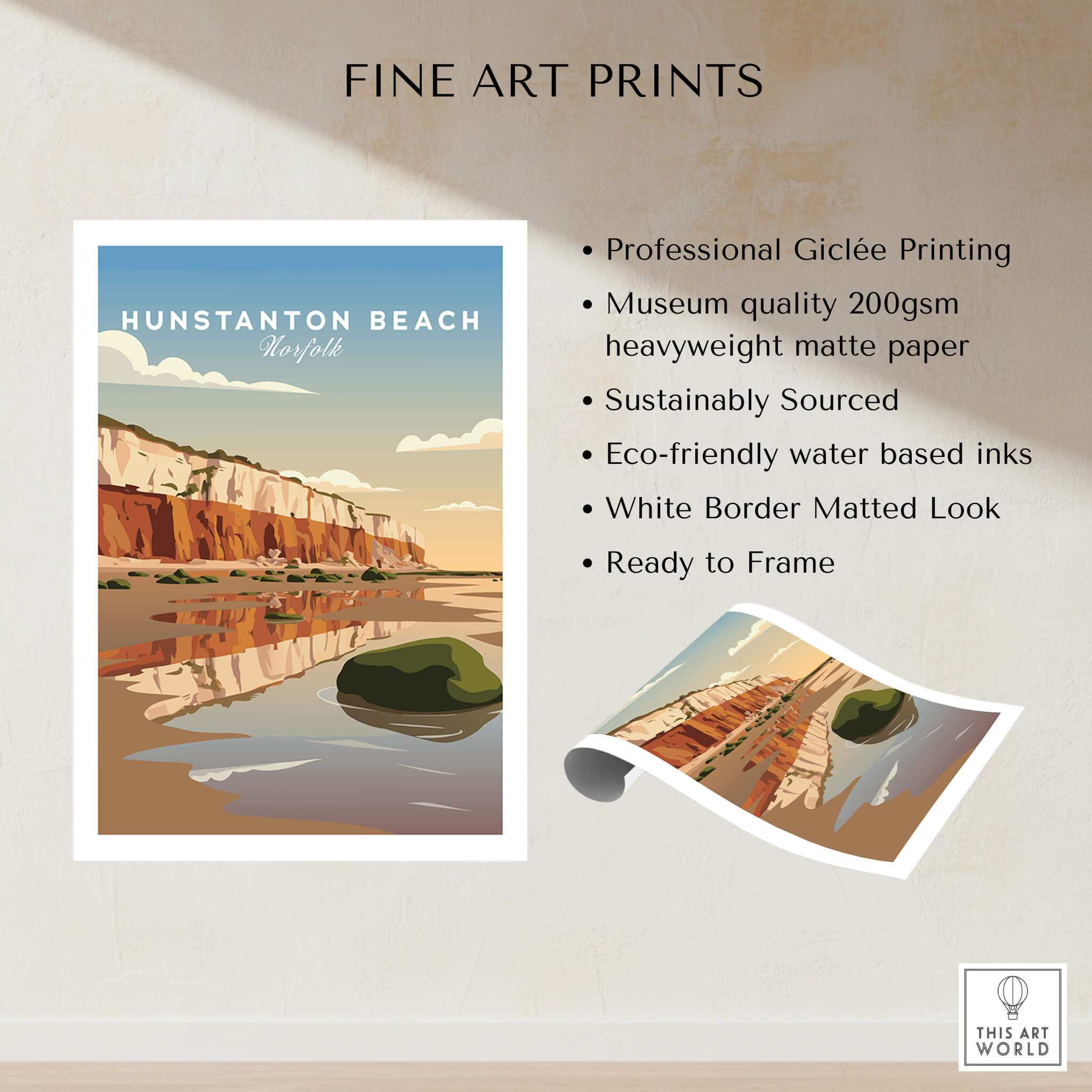 Hunstanton Beach Norfolk Wall Art Print | Red Cliffs Coastal Travel Poster showcasing vibrant coastal scenery.