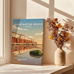 Hunstanton Beach Norfolk Wall Art Print | Red Cliffs Coastal Travel Poster, showcasing iconic red cliffs and reflections.