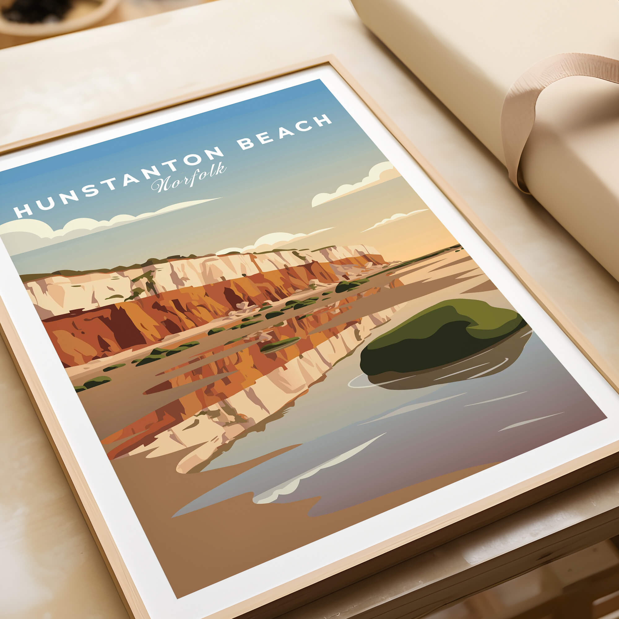 Hunstanton Beach Norfolk Wall Art Print | Red Cliffs Coastal Travel Poster showcasing coastal cliffs and reflections.