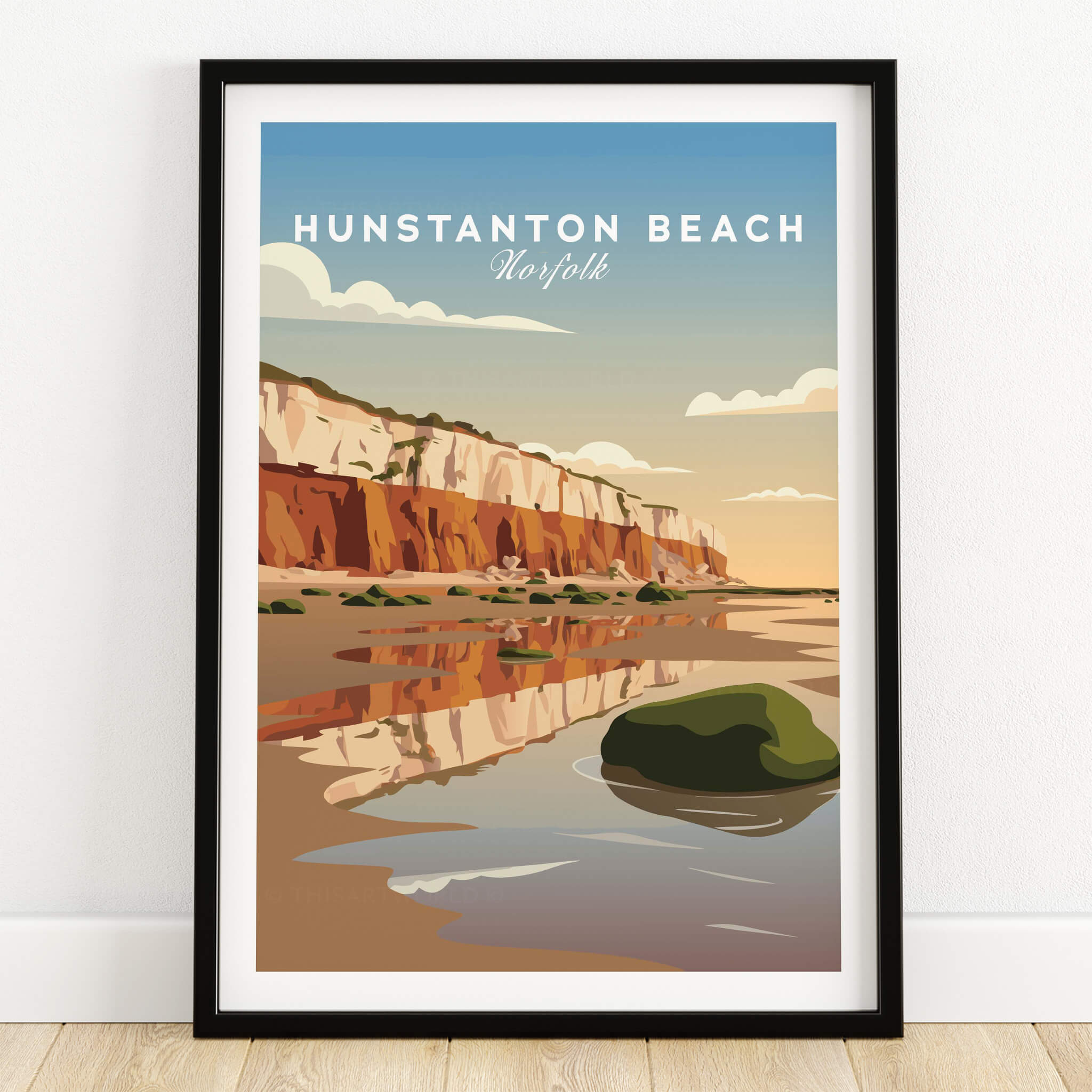Hunstanton Beach Norfolk Wall Art Print | Red Cliffs Coastal Travel Poster featuring striking cliffs and tranquil waters.