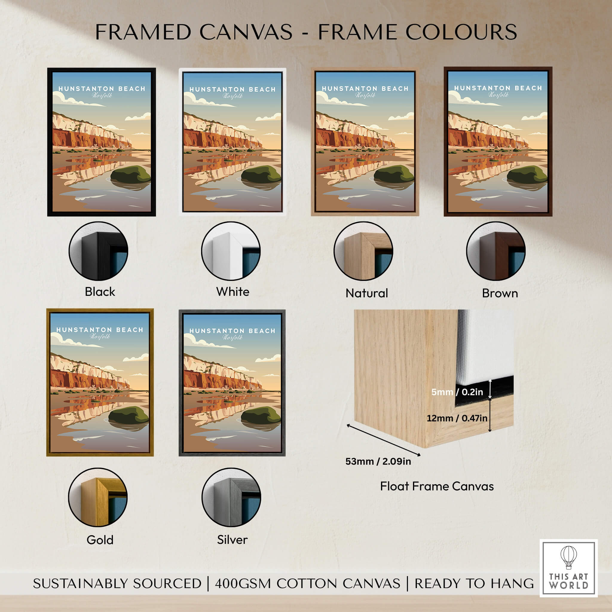 Hunstanton Beach Norfolk Wall Art Print | Red Cliffs Coastal Travel Poster in various framed canvas options.