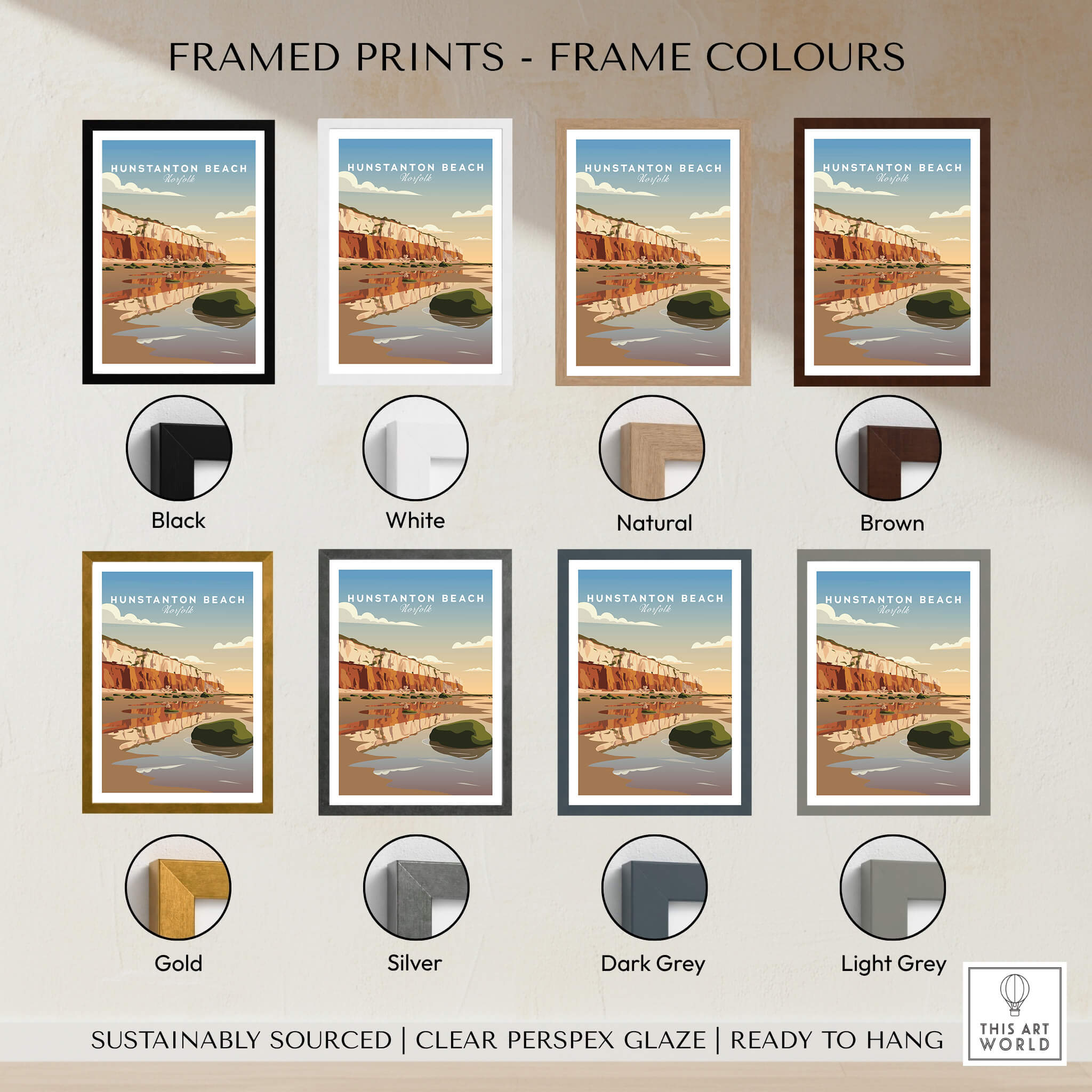 Hunstanton Beach Norfolk Wall Art Print | Red Cliffs Coastal Travel Poster framed print options in various colors.