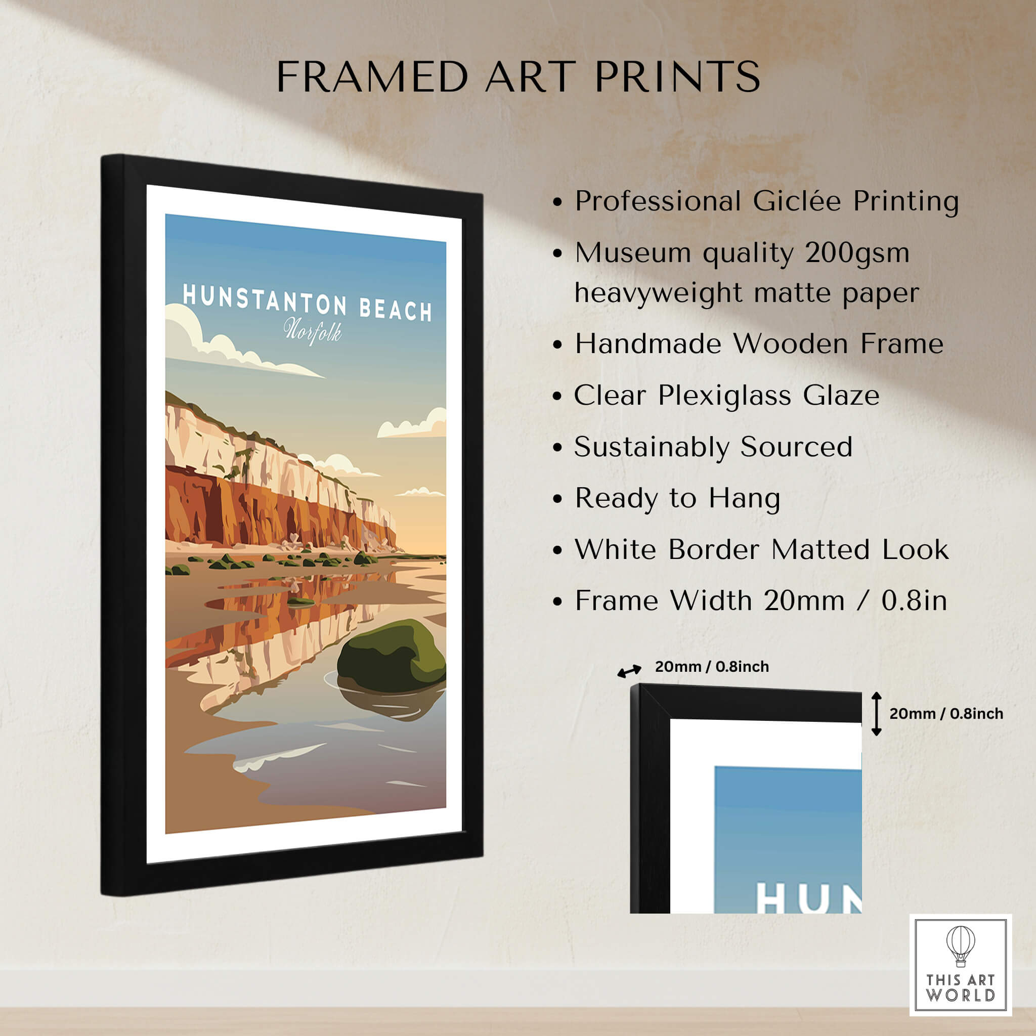 Hunstanton Beach Norfolk Wall Art Print | Red Cliffs Coastal Travel Poster framed art print showcasing stunning coastal scenery