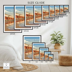 Hunstanton Beach Norfolk Wall Art Print | Red Cliffs Coastal Travel Poster size guide showing various frame sizes.