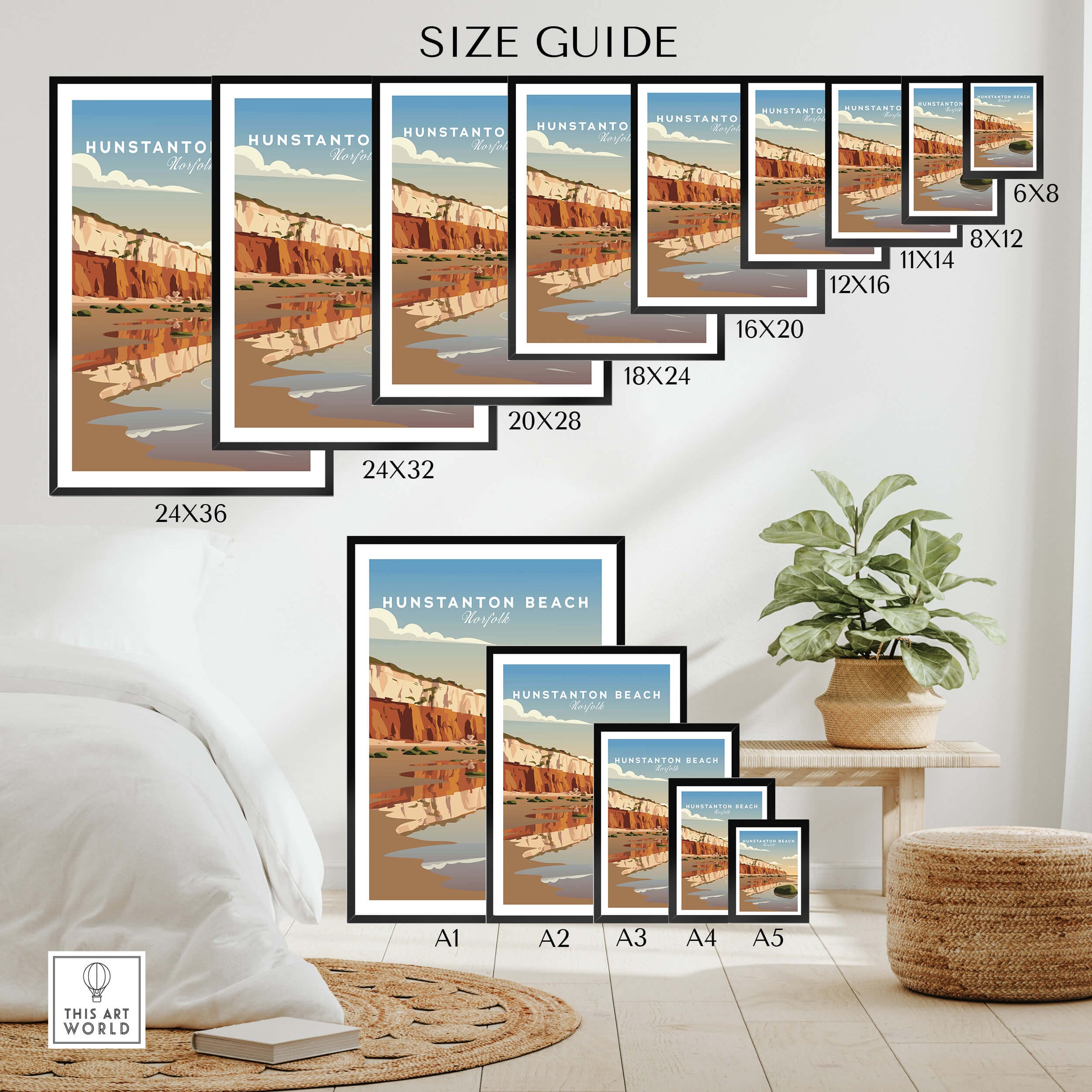 Hunstanton Beach Norfolk Wall Art Print | Red Cliffs Coastal Travel Poster size guide showing various frame sizes.