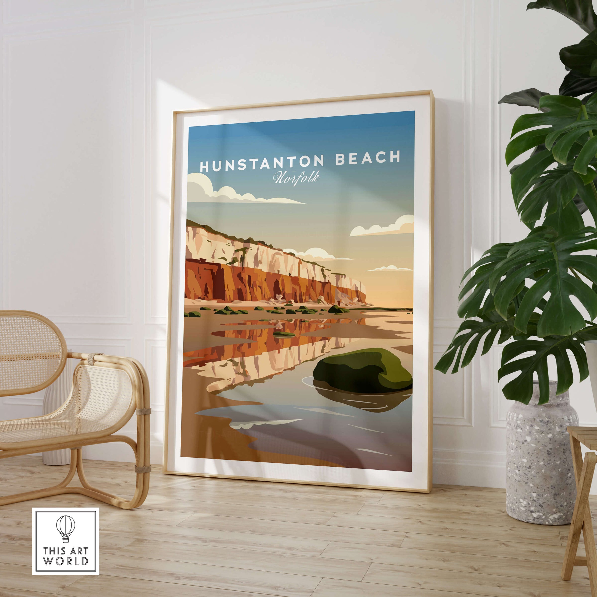 Hunstanton Beach Norfolk Wall Art Print | Red Cliffs Coastal Travel Poster in a stylish interior setting.