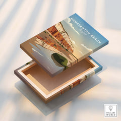 Hunstanton Beach Norfolk Wall Art Print | Red Cliffs Coastal Travel Poster displayed on an open wooden box.