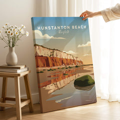 Hunstanton Beach Norfolk Wall Art Print | Red Cliffs Coastal Travel Poster displayed in a cozy room with flowers.