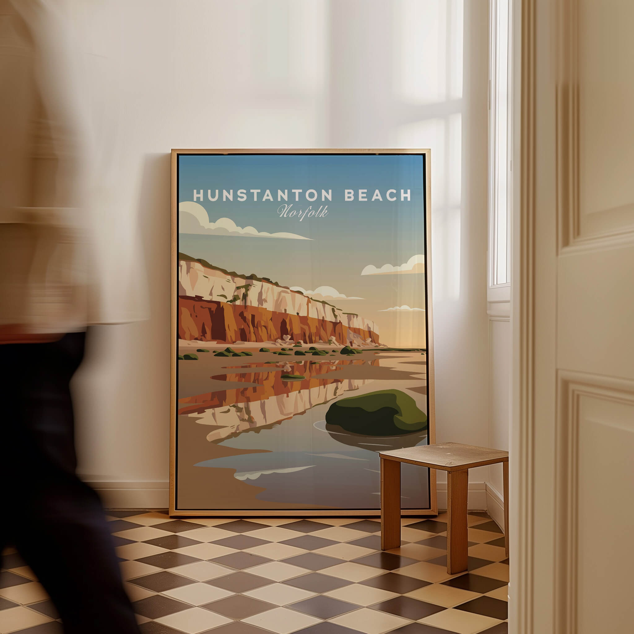Hunstanton Beach Norfolk Wall Art Print | Red Cliffs Coastal Travel Poster displayed in a stylish interior setting.