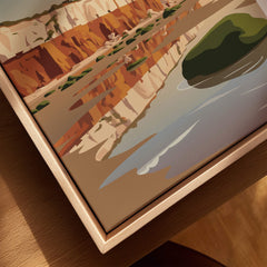 Hunstanton Beach Norfolk Wall Art Print | Red Cliffs Coastal Travel Poster featuring vibrant red and white cliffs and serene water.