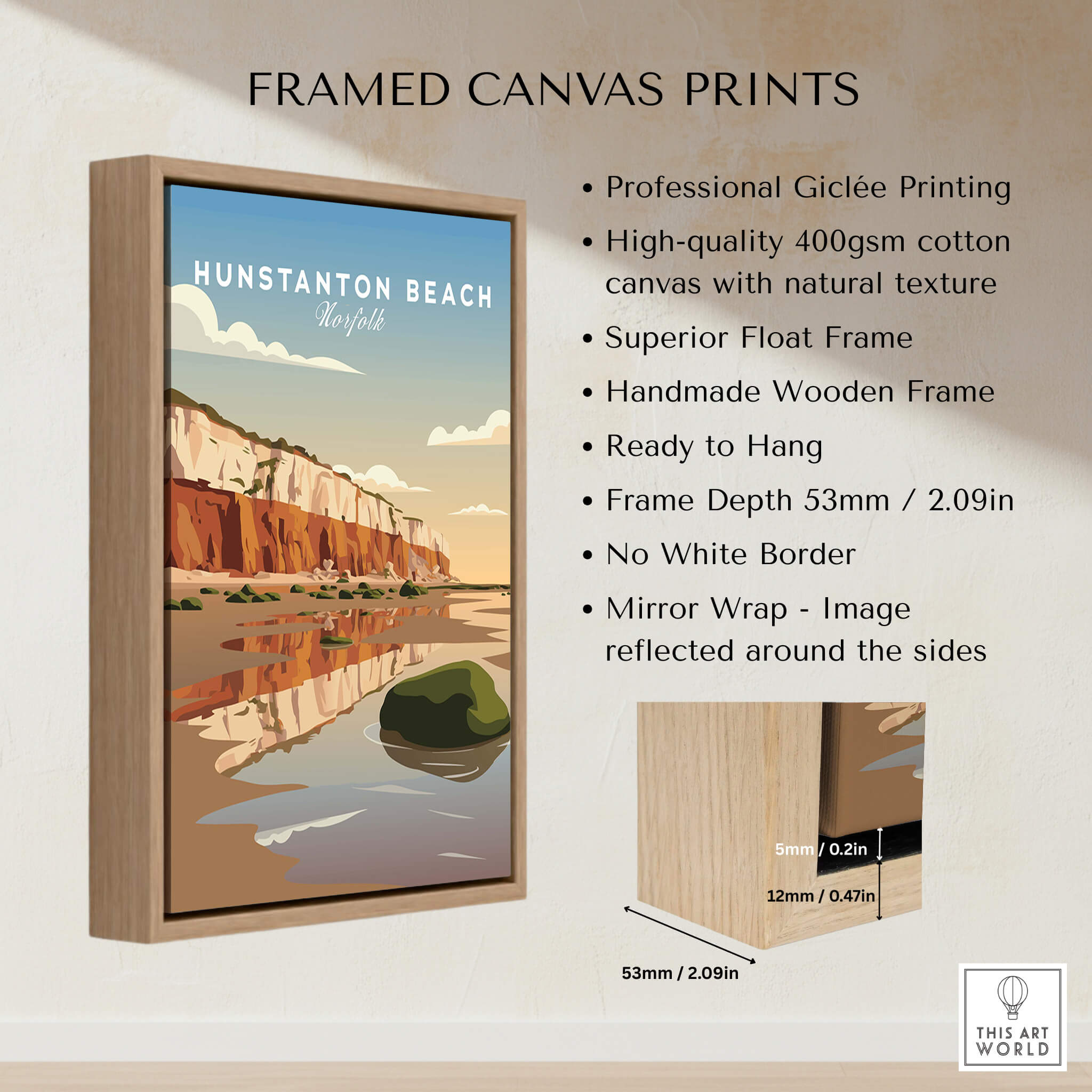 Hunstanton Beach Norfolk Wall Art Print | Red Cliffs Coastal Travel Poster in a wooden frame showcasing the coastline.