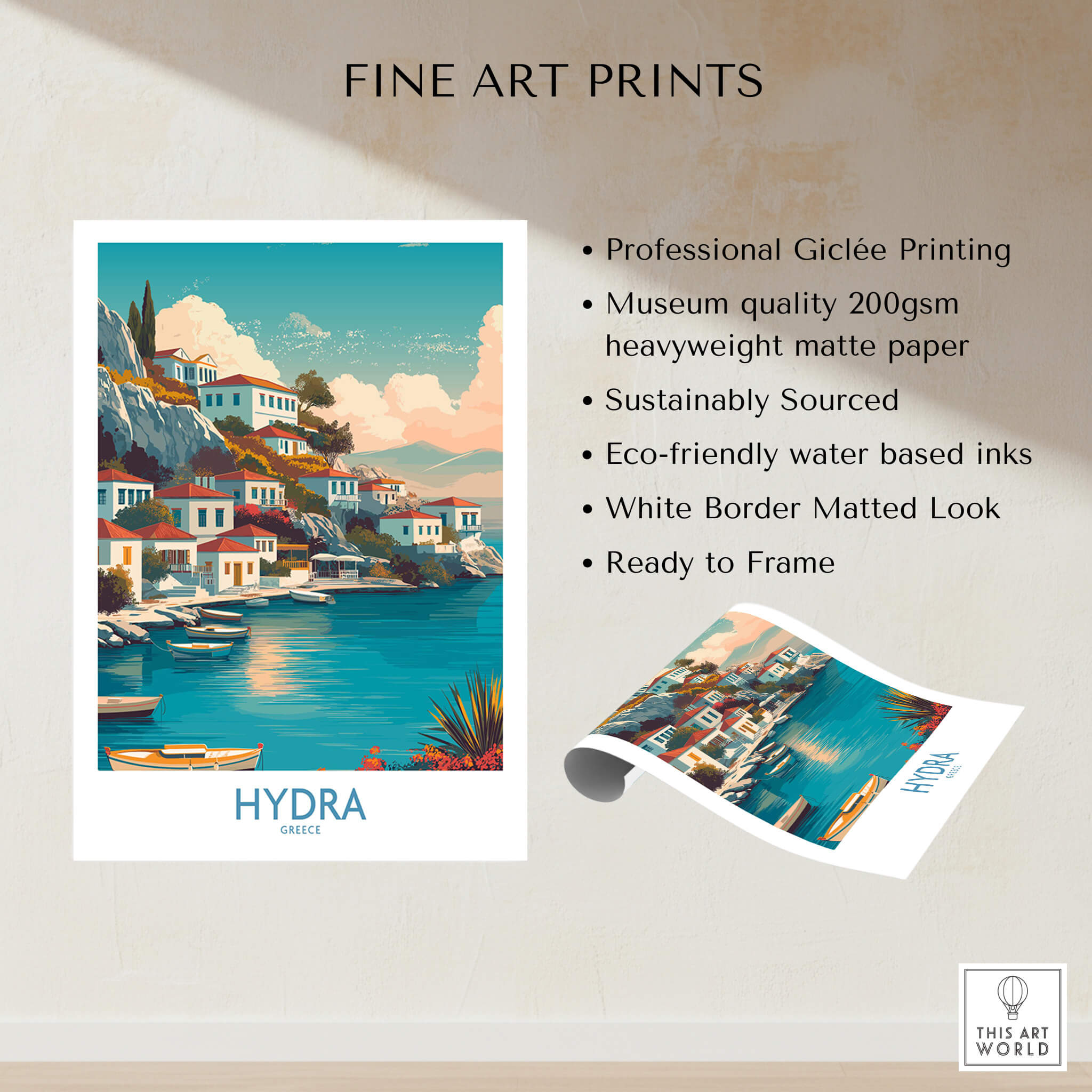 Hydra Greece Canvas Print | Blue Sea & White Architecture Poster showcasing a vibrant Giclée print of Hydra.