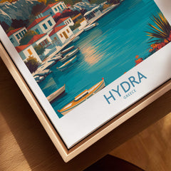 Hydra Greece Canvas Print | Blue Sea & White Architecture Poster featuring boats and colorful buildings by the water.