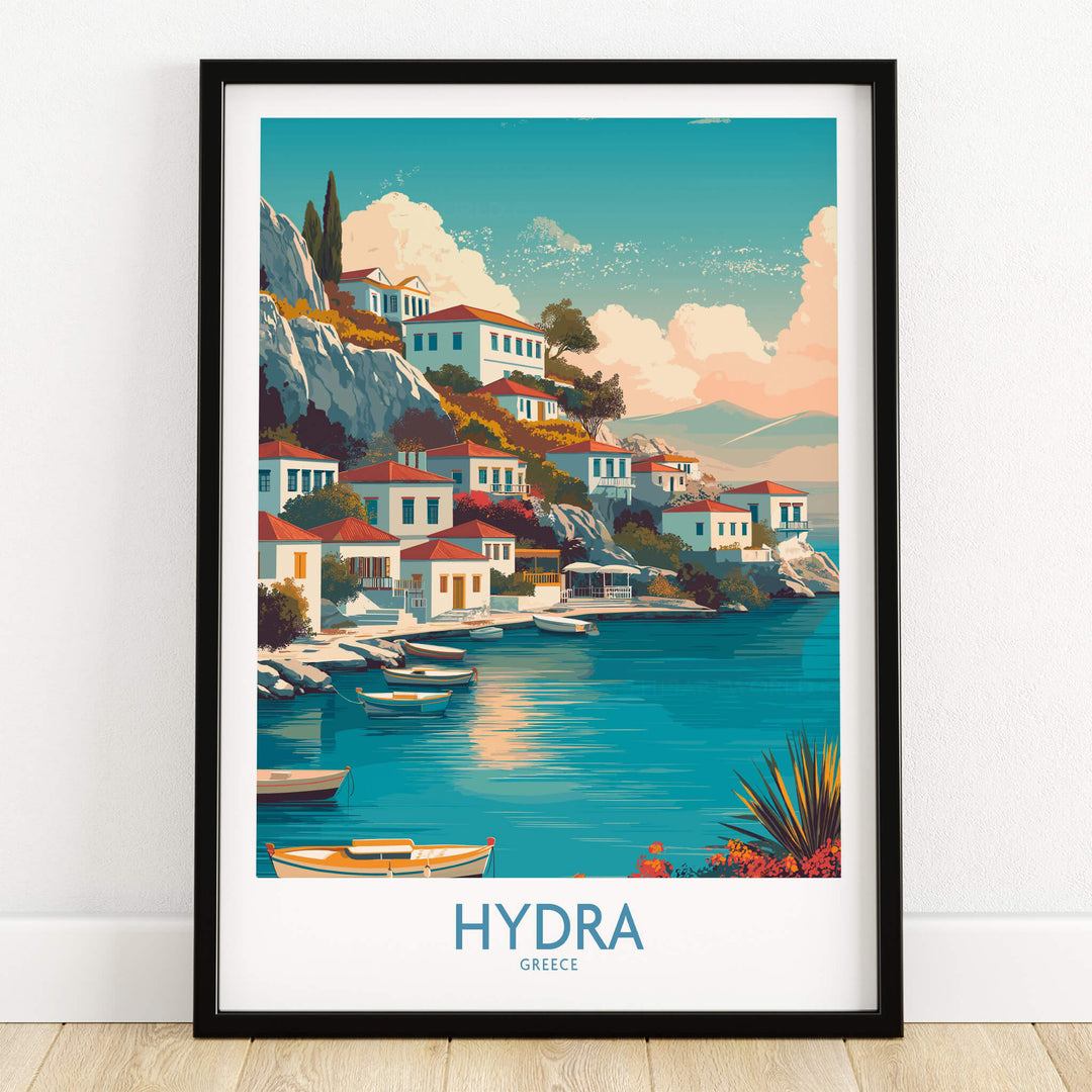 Hydra Greece Canvas Print | Blue Sea & White Architecture Poster showcasing the vibrant architecture and blue waters.
