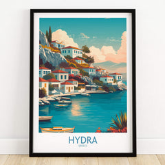 Hydra Greece Canvas Print | Blue Sea & White Architecture Poster showcasing the vibrant architecture and blue waters.