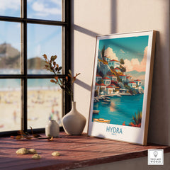 Hydra Greece Canvas Print | Blue Sea & White Architecture Poster displayed in a cozy room with a beach view.