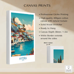 Hydra Greece Canvas Print | Blue Sea & White Architecture Poster showcasing professional Giclée printing details.