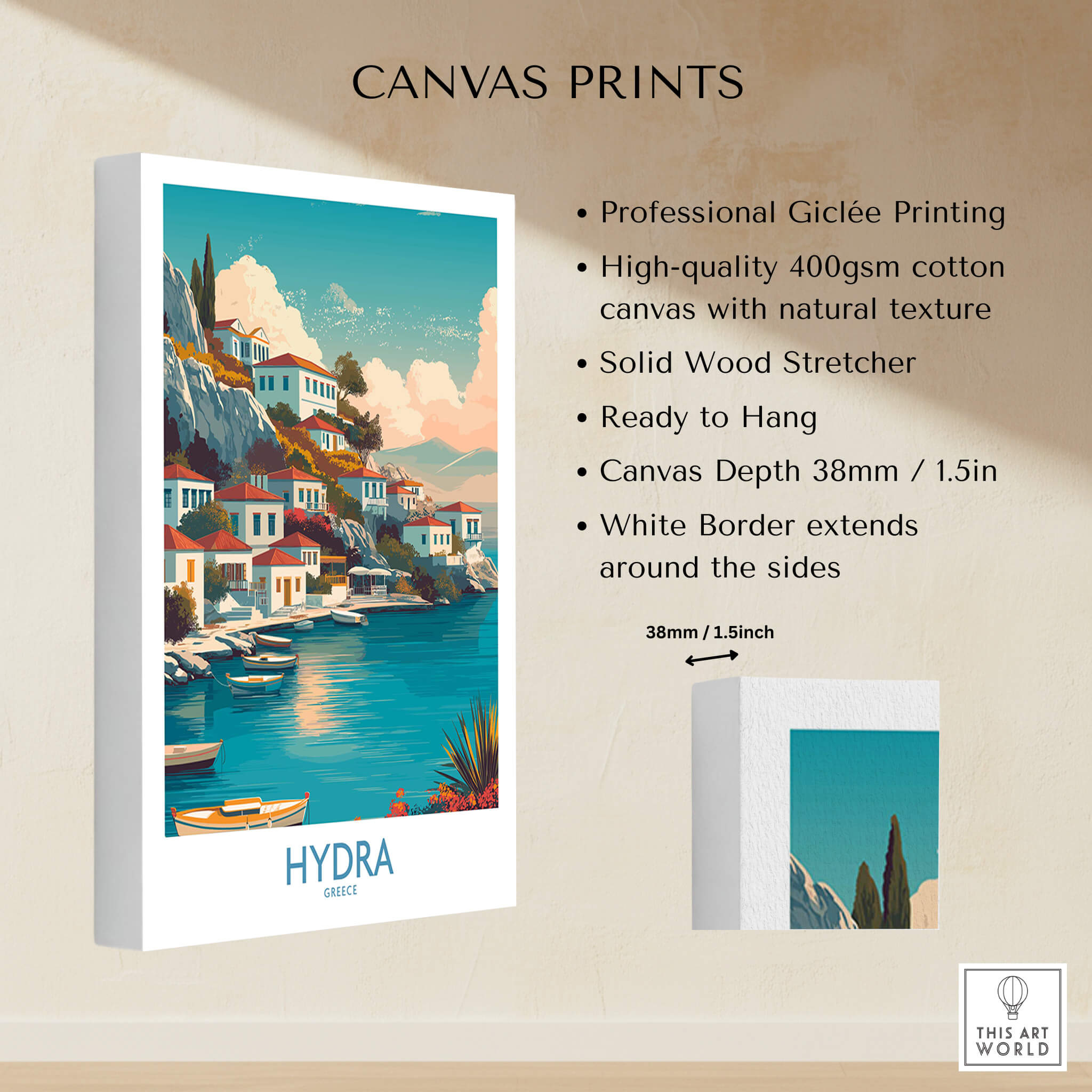 Hydra Greece Canvas Print | Blue Sea & White Architecture Poster showcasing professional Giclée printing details.