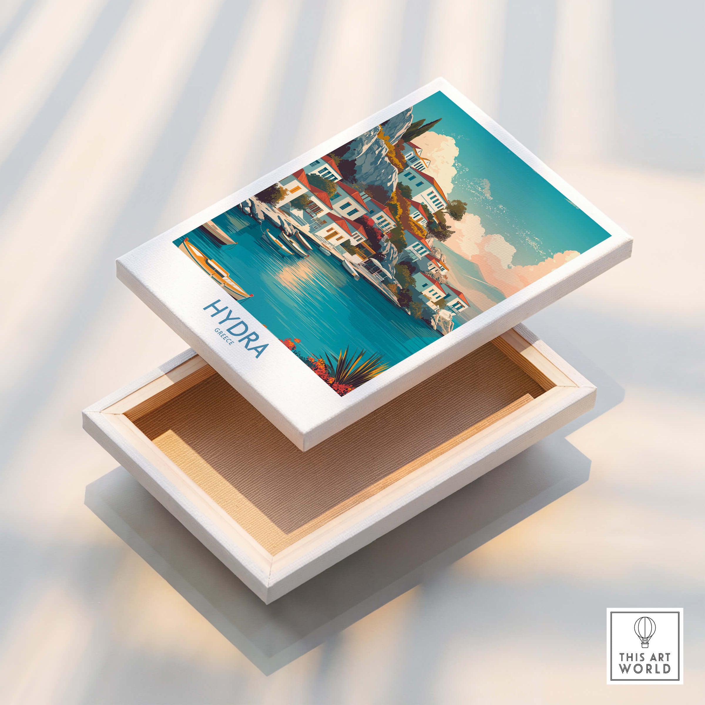 Hydra Greece Canvas Print | Blue Sea & White Architecture Poster in a decorative box