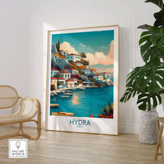 Hydra Greece Canvas Print | Blue Sea & White Architecture Poster displayed in a cozy living room setting.