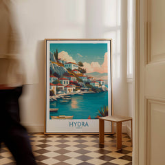 Hydra Greece Canvas Print | Blue Sea & White Architecture Poster displayed in a stylish interior setting.