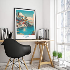 Hydra Greece Canvas Print | Blue Sea & White Architecture Poster displayed in a modern workspace.