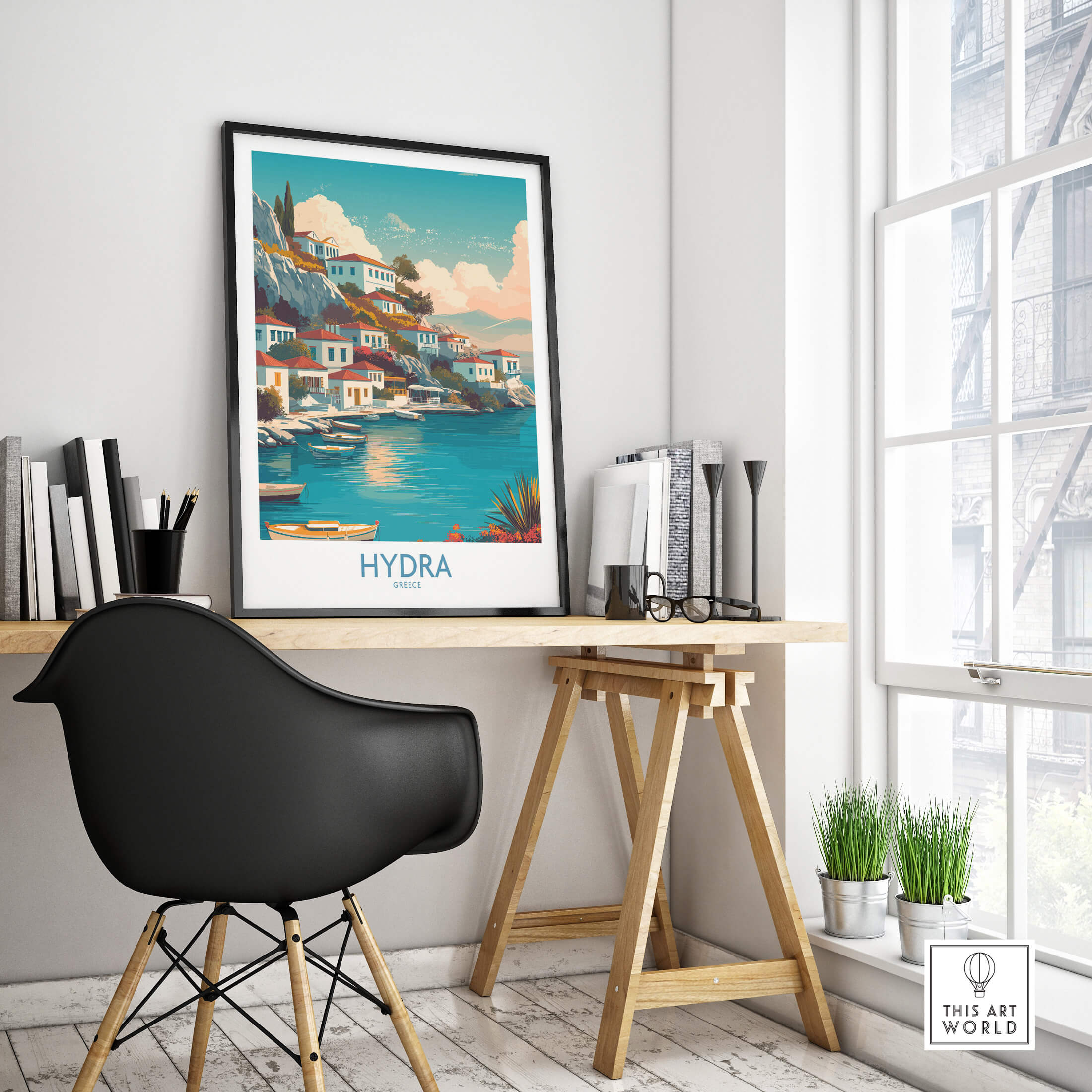 Hydra Greece Canvas Print | Blue Sea & White Architecture Poster displayed in a modern workspace.