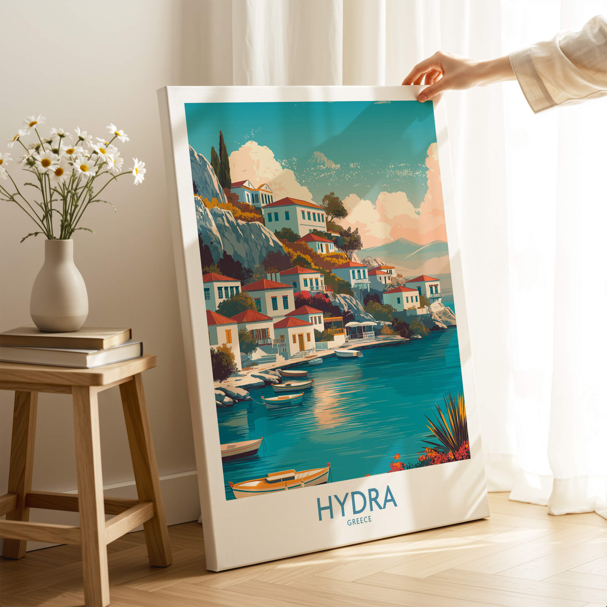 Hydra Greece Canvas Print | Blue Sea & White Architecture Poster featuring vibrant coastal scene.