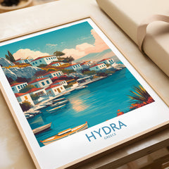 Hydra Greece Canvas Print | Blue Sea & White Architecture Poster showcasing vibrant homes along a serene waterfront.