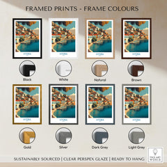 Hydra Greece Canvas Print | Mediterranean Seaside Town Poster framed print options including various colors.
