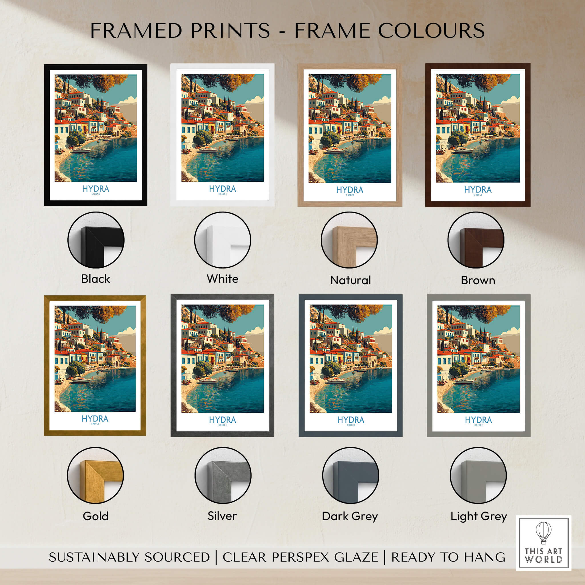 Hydra Greece Canvas Print | Mediterranean Seaside Town Poster framed print options including various colors.