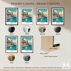 Framed Hydra Greece Canvas Print showcasing frame colors: black, white, natural, brown, gold, silver.
