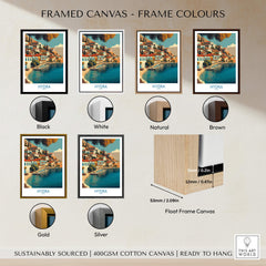 Framed options for Hydra Greece Canvas Print | Mediterranean Seaside Town Poster with frame colors displayed.