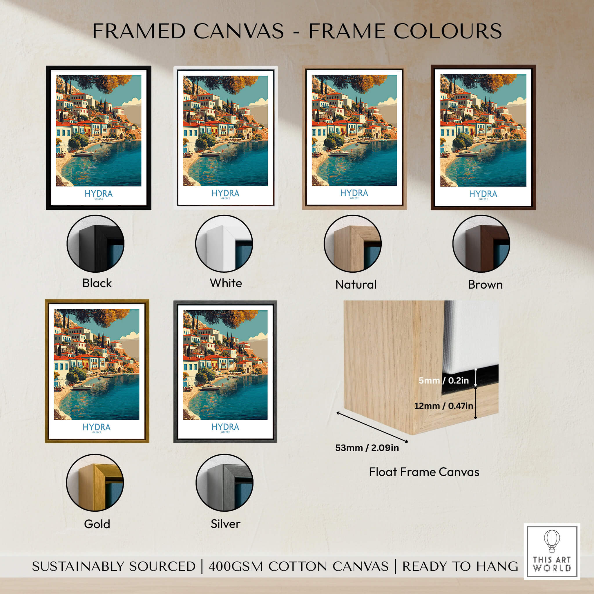 Framed options for Hydra Greece Canvas Print | Mediterranean Seaside Town Poster with frame colors displayed.