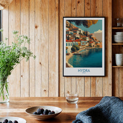 Hydra Greece Canvas Print | Mediterranean Seaside Town Poster displayed in a cozy wooden interior with natural elements.