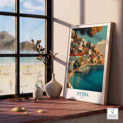 Hydra Greece Canvas Print | Mediterranean Seaside Town Poster displayed in a cozy interior with a beach view.