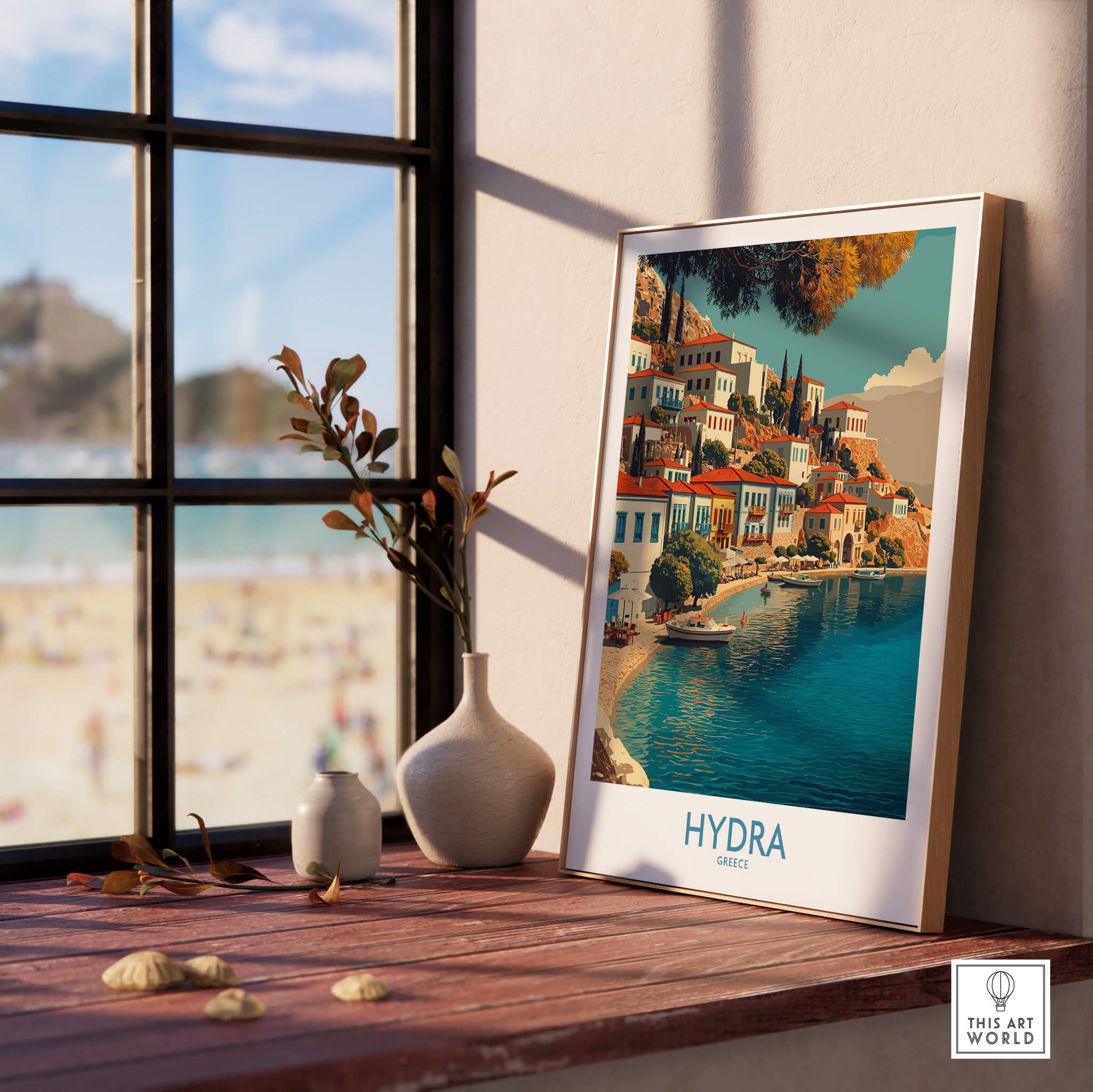 Hydra Greece Canvas Print | Mediterranean Seaside Town Poster displayed in a cozy interior with a beach view.