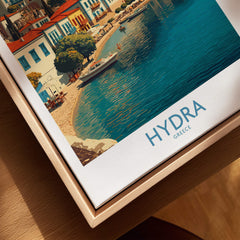 Hydra Greece Canvas Print | Mediterranean Seaside Town Poster showcasing charming waterfront and colorful boats.