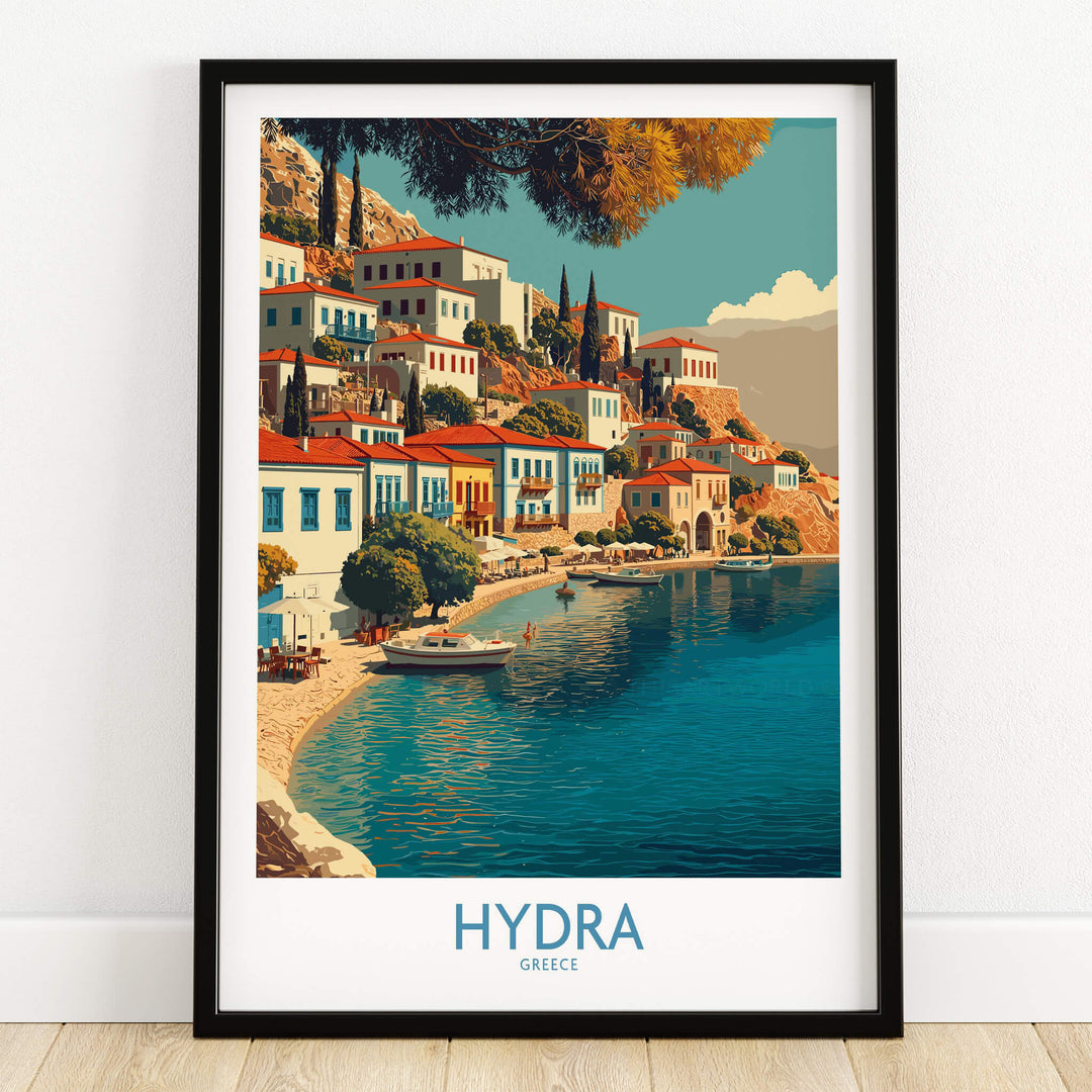 Hydra Greece Canvas Print | Mediterranean Seaside Town Poster showcasing Hydra's colorful waterfront and boats.